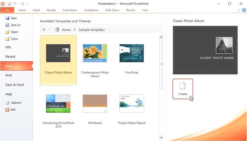 Pilih template, lalu klik Create