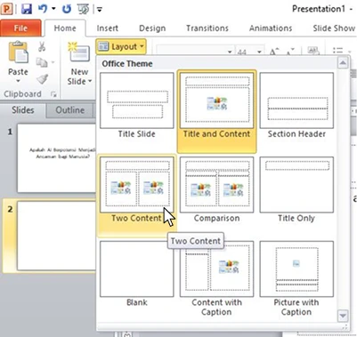 Pilih layout slide yang ada