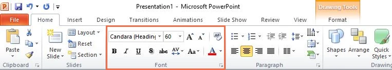 Ribbon, tab Home, grup Font